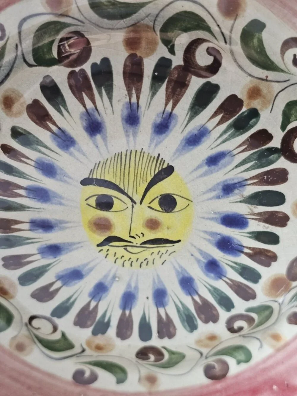 Vtg Tonala Mexico Folk Art Floral Pottery Signed Cat Bowl Trinket Dish Large.